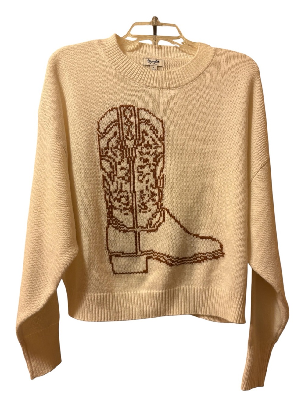 Wrangler Cream Crewneck Sweater with Brown Boot Intarsia